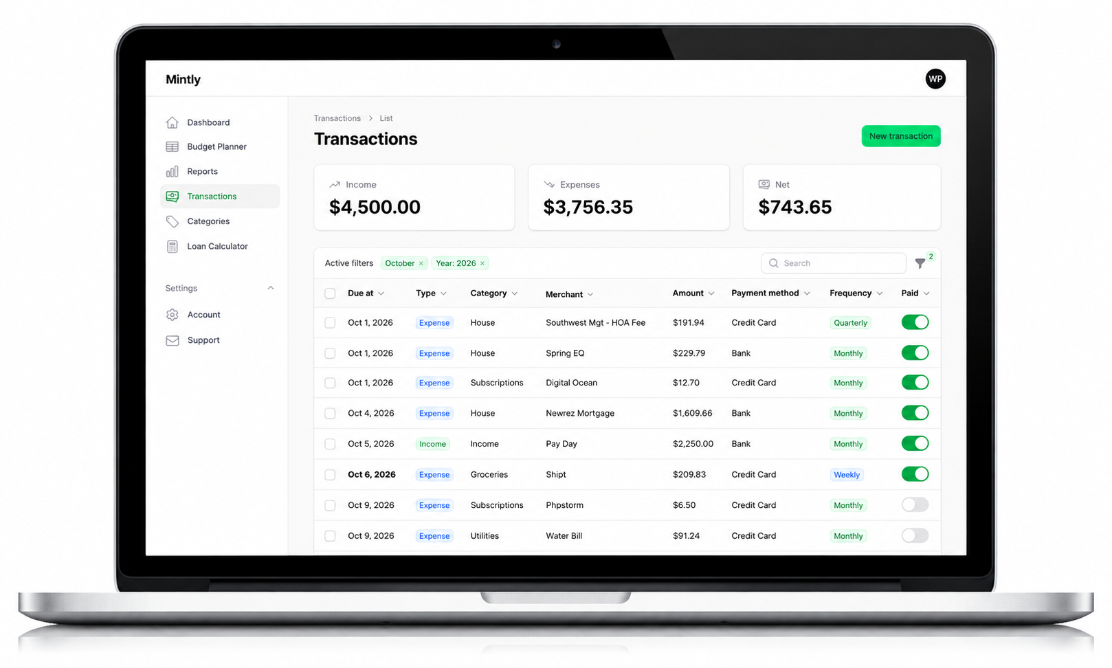 Mintly Transaction tracking