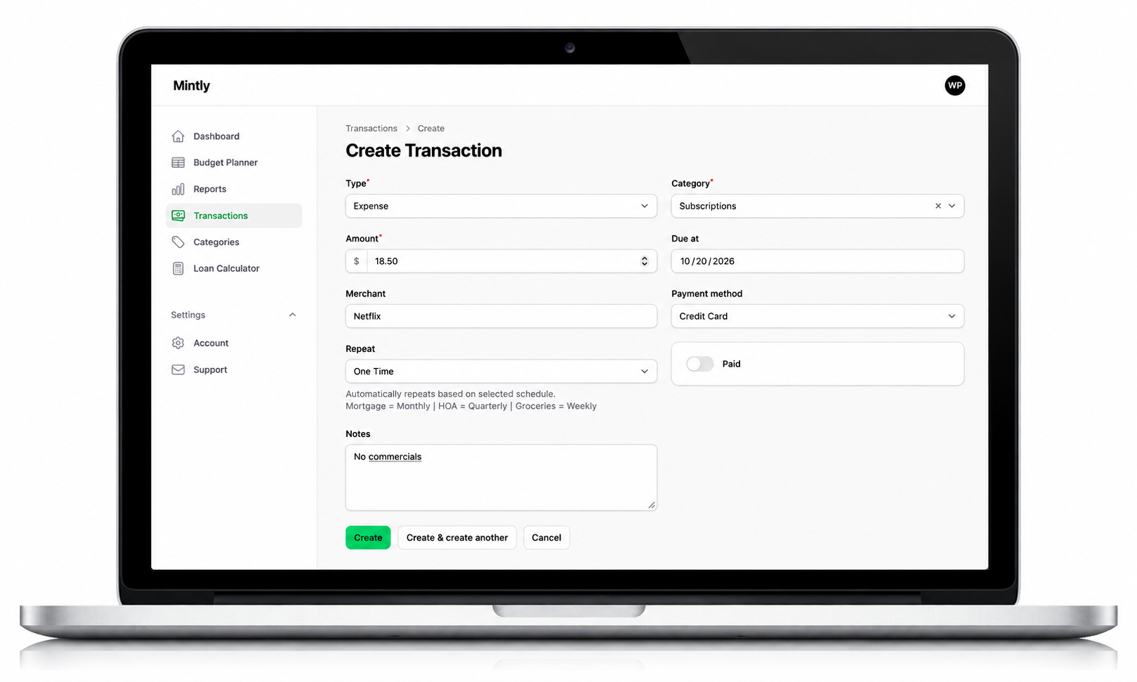 Mintly Quick transaction entry